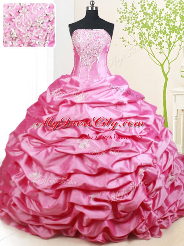 Beading and Pick Ups 15th Birthday Dress Hot Pink Lace Up Sleeveless With Brush Train