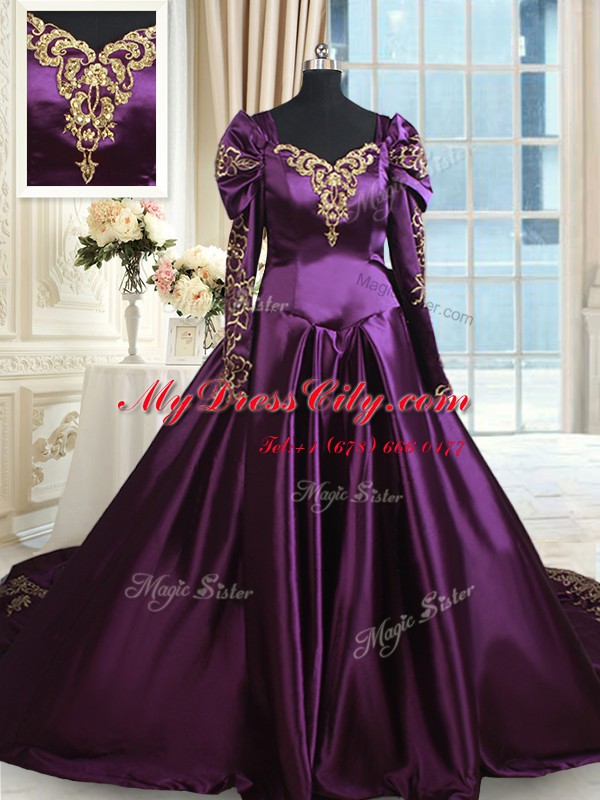 Inexpensive Dark Purple A-line Off The Shoulder Long Sleeves Taffeta With Train Chapel Train Zipper Beading and Embroidery Ball Gown Prom Dress