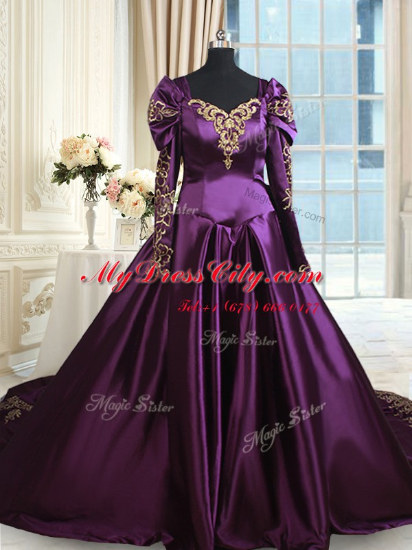 Inexpensive Dark Purple A-line Off The Shoulder Long Sleeves Taffeta With Train Chapel Train Zipper Beading and Embroidery Ball Gown Prom Dress