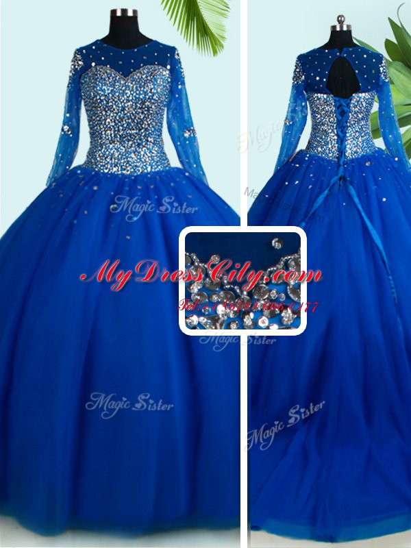 Royal Blue Scoop Lace Up Beading Sweet 16 Dresses Brush Train Long Sleeves