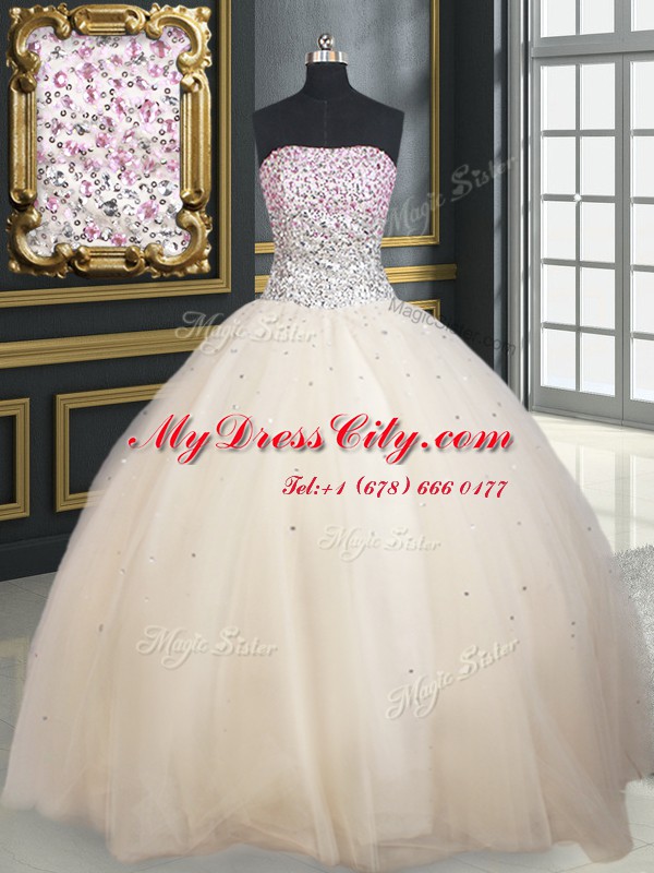 Extravagant Strapless Sleeveless Sweet 16 Dress Floor Length Beading Champagne Tulle