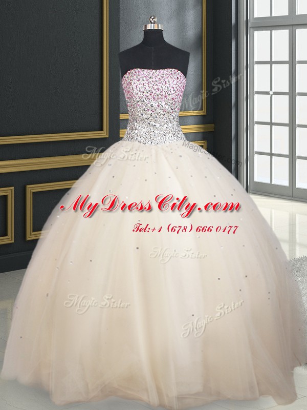 Extravagant Strapless Sleeveless Sweet 16 Dress Floor Length Beading Champagne Tulle