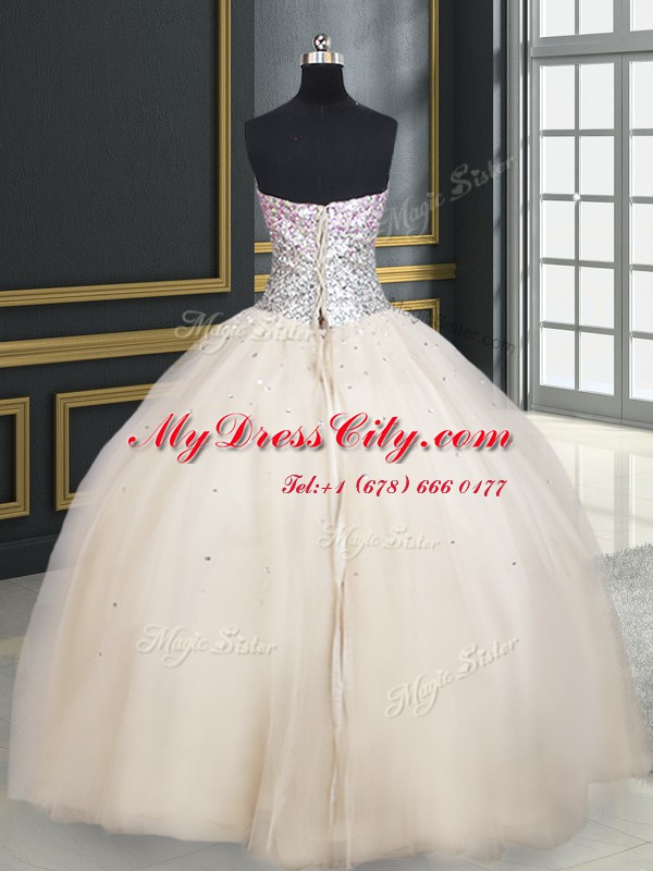 Extravagant Strapless Sleeveless Sweet 16 Dress Floor Length Beading Champagne Tulle