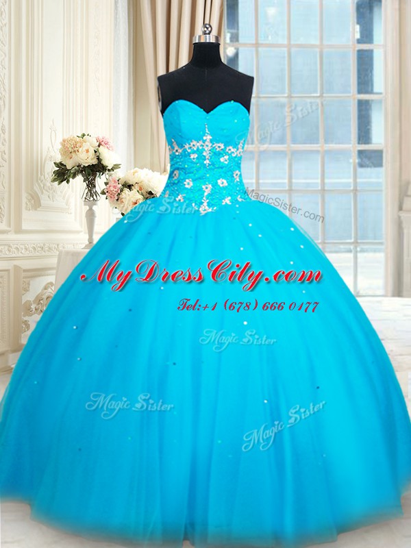 Elegant Baby Blue Ball Gowns Sweetheart Sleeveless Tulle Floor Length Lace Up Beading Sweet 16 Quinceanera Dress