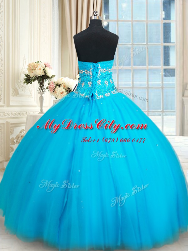 Elegant Baby Blue Ball Gowns Sweetheart Sleeveless Tulle Floor Length Lace Up Beading Sweet 16 Quinceanera Dress