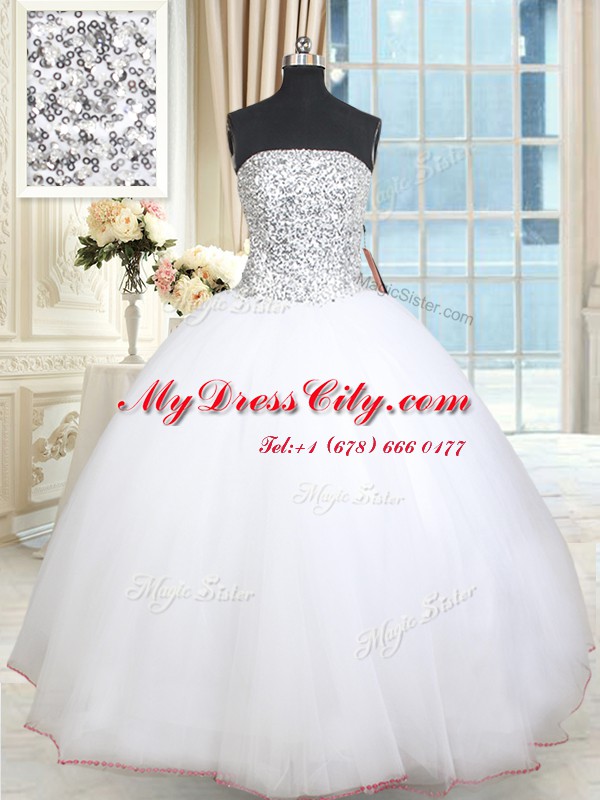 Strapless Sleeveless Tulle Ball Gown Prom Dress Beading and Sequins Lace Up