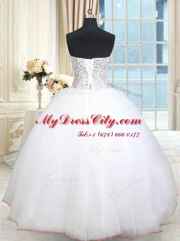 Strapless Sleeveless Tulle Ball Gown Prom Dress Beading and Sequins Lace Up