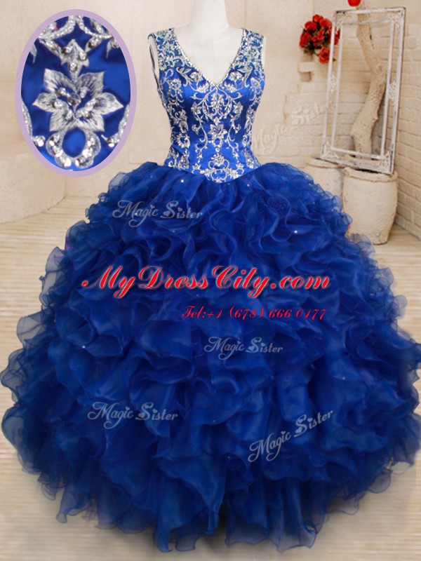 Royal Blue Ball Gowns Beading and Embroidery and Ruffles Quinceanera Dresses Backless Organza Sleeveless Floor Length