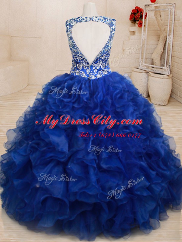 Royal Blue Ball Gowns Beading and Embroidery and Ruffles Quinceanera Dresses Backless Organza Sleeveless Floor Length