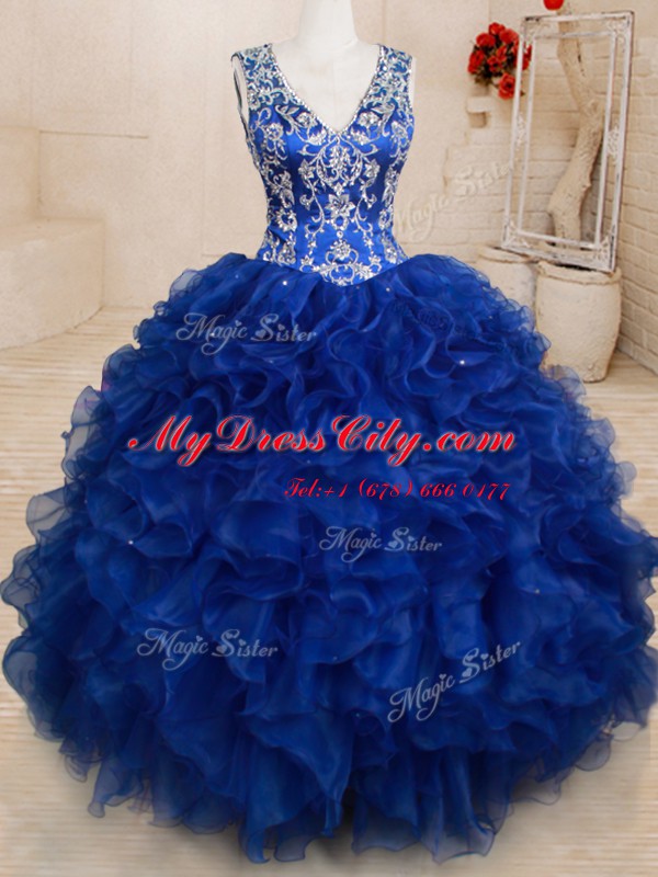 Royal Blue Ball Gowns Beading and Embroidery and Ruffles Quinceanera Dresses Backless Organza Sleeveless Floor Length