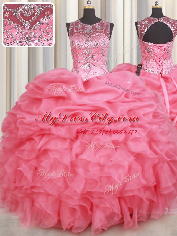 High End Scoop Sleeveless Beading and Ruffles and Pick Ups Lace Up 15 Quinceanera Dress