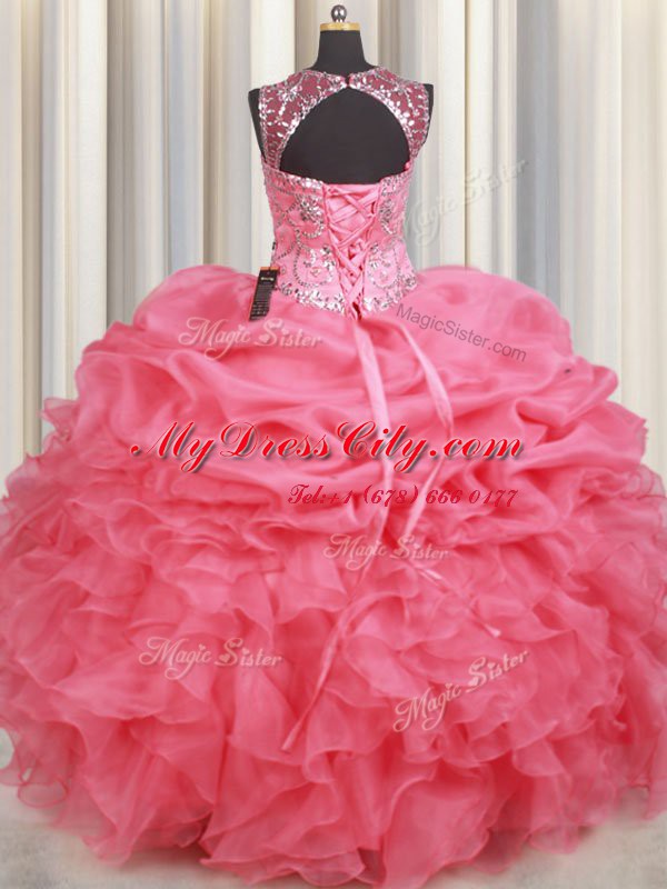 High End Scoop Sleeveless Beading and Ruffles and Pick Ups Lace Up 15 Quinceanera Dress