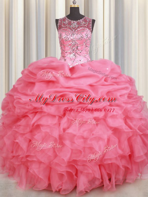 High End Scoop Sleeveless Beading and Ruffles and Pick Ups Lace Up 15 Quinceanera Dress