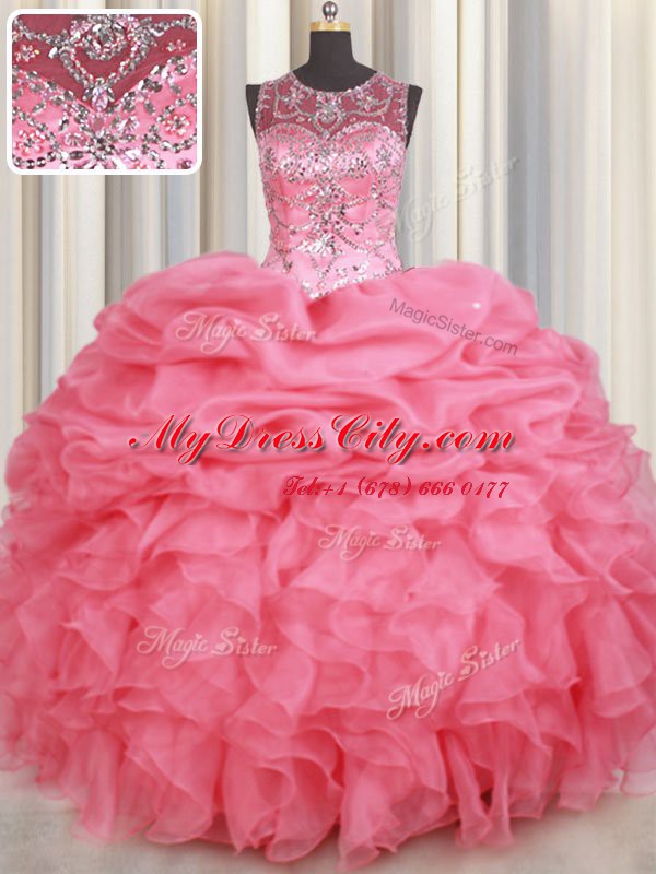 High End Scoop Sleeveless Beading and Ruffles and Pick Ups Lace Up 15 Quinceanera Dress