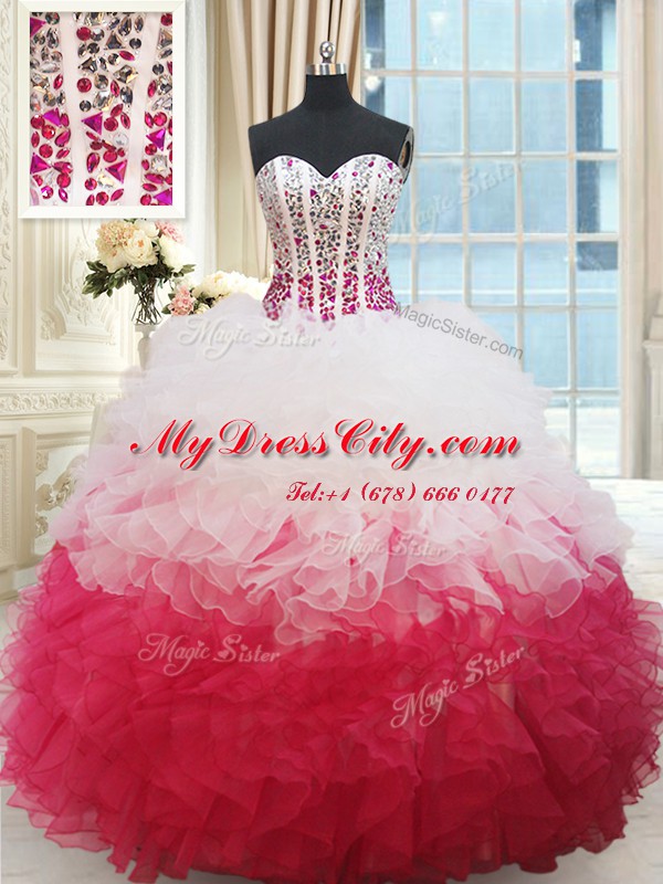 Hot Selling Sweetheart Sleeveless Quince Ball Gowns Floor Length Beading and Ruffles White and Red Organza