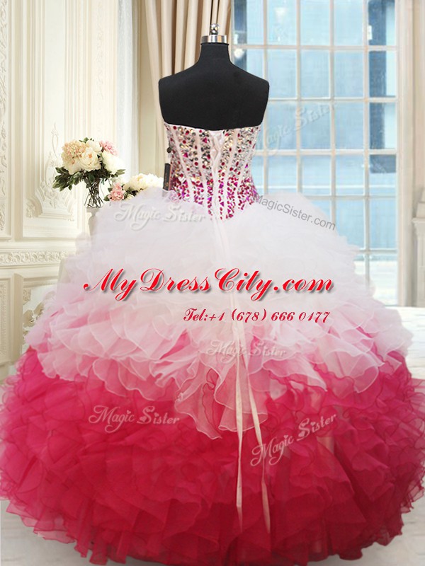 Hot Selling Sweetheart Sleeveless Quince Ball Gowns Floor Length Beading and Ruffles White and Red Organza