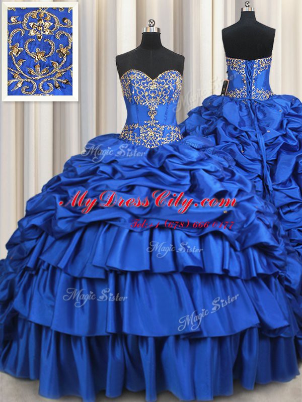 Fabulous Royal Blue Taffeta Lace Up 15th Birthday Dress Sleeveless With Brush Train Beading and Ruffled Layers and Pick Ups