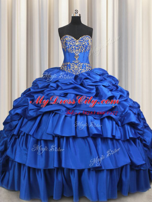 Fabulous Royal Blue Taffeta Lace Up 15th Birthday Dress Sleeveless With Brush Train Beading and Ruffled Layers and Pick Ups