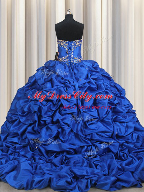 Fabulous Royal Blue Taffeta Lace Up 15th Birthday Dress Sleeveless With Brush Train Beading and Ruffled Layers and Pick Ups