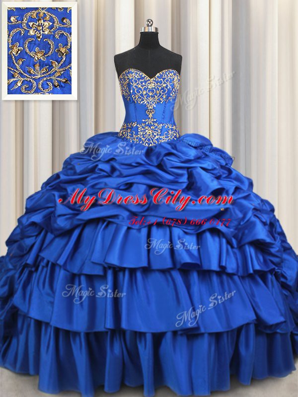 Fabulous Royal Blue Taffeta Lace Up 15th Birthday Dress Sleeveless With Brush Train Beading and Ruffled Layers and Pick Ups