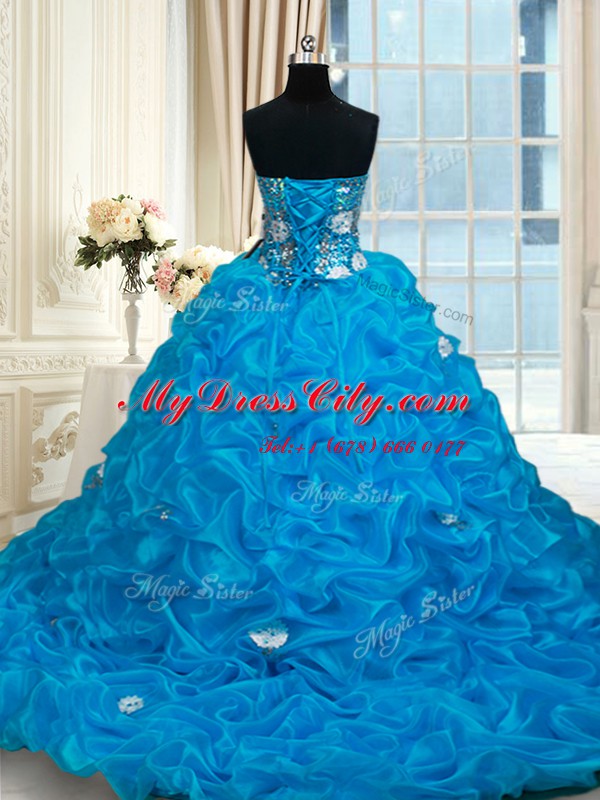 Baby Blue Lace Up Quinceanera Dresses Beading and Pick Ups Sleeveless With Brush Train