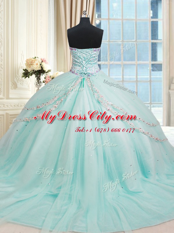 Vintage Apple Green Tulle Lace Up Ball Gown Prom Dress Sleeveless With Brush Train Beading