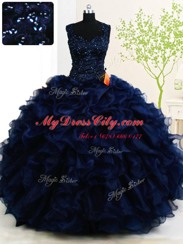 Straps Sleeveless Quince Ball Gowns Floor Length Beading and Ruffles Navy Blue Organza