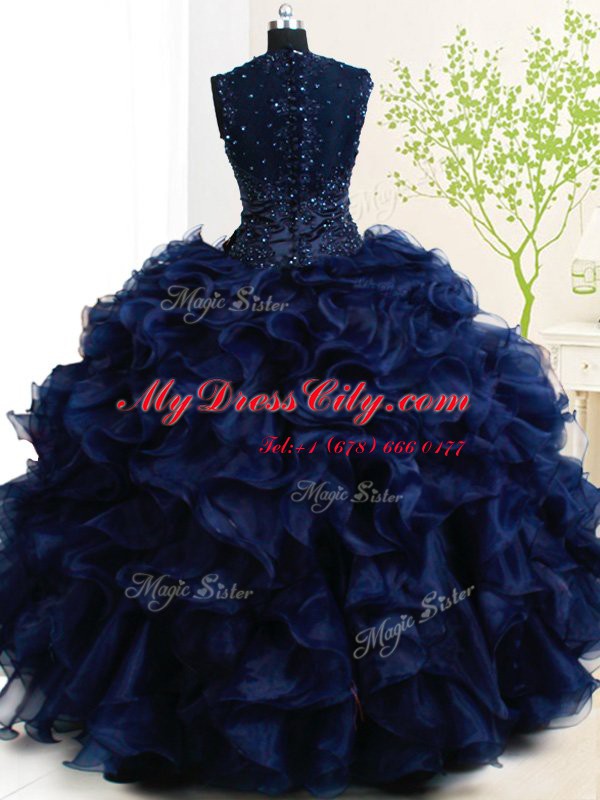 Straps Sleeveless Quince Ball Gowns Floor Length Beading and Ruffles Navy Blue Organza