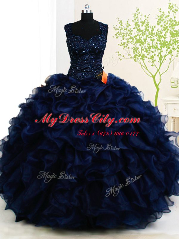 Straps Sleeveless Quince Ball Gowns Floor Length Beading and Ruffles Navy Blue Organza