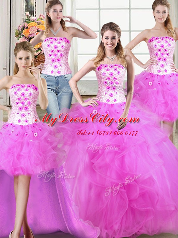 Exquisite Four Piece Tulle Sleeveless Floor Length Sweet 16 Dresses and Beading and Appliques and Ruffles