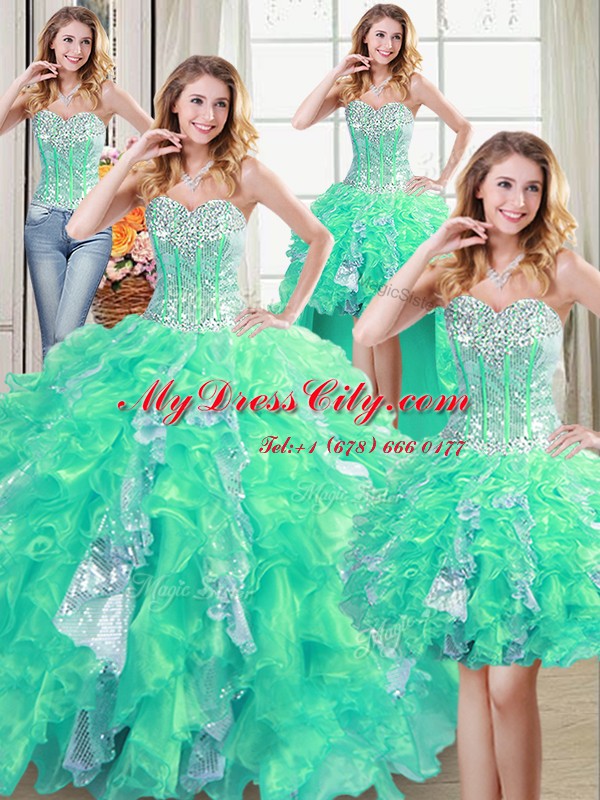 Designer Four Piece Turquoise Sweetheart Neckline Beading and Ruffles and Sequins 15 Quinceanera Dress Sleeveless Lace Up