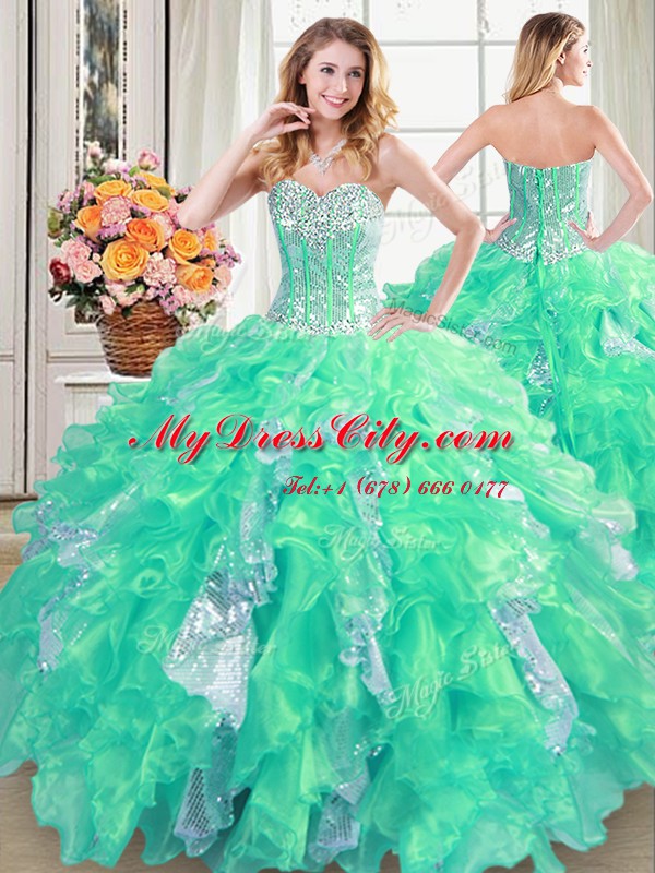 Designer Four Piece Turquoise Sweetheart Neckline Beading and Ruffles and Sequins 15 Quinceanera Dress Sleeveless Lace Up