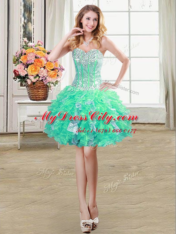 Designer Four Piece Turquoise Sweetheart Neckline Beading and Ruffles and Sequins 15 Quinceanera Dress Sleeveless Lace Up