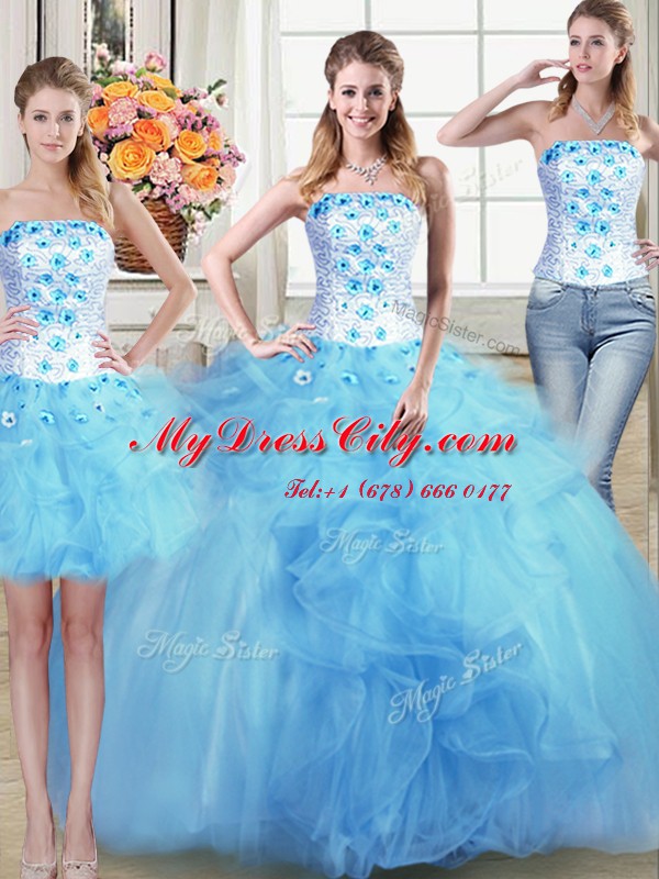 Three Piece Beading and Appliques and Ruffles Quinceanera Gown Light Blue Lace Up Sleeveless Floor Length