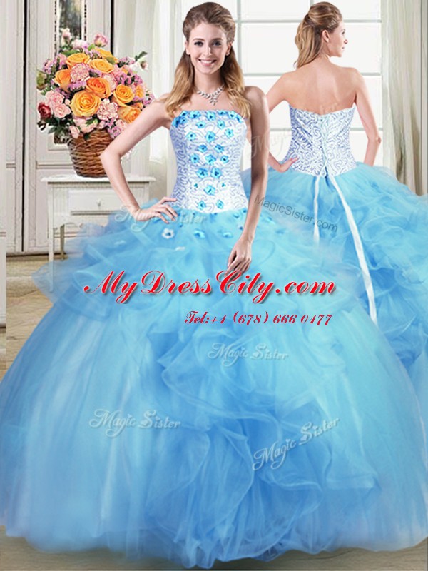 Three Piece Beading and Appliques and Ruffles Quinceanera Gown Light Blue Lace Up Sleeveless Floor Length