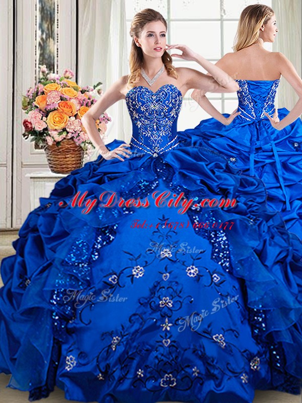 Custom Fit Sleeveless Floor Length Beading and Embroidery and Pick Ups Lace Up Sweet 16 Quinceanera Dress with Royal Blue