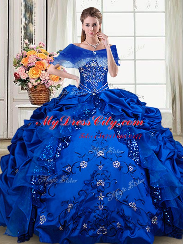 Custom Fit Sleeveless Floor Length Beading and Embroidery and Pick Ups Lace Up Sweet 16 Quinceanera Dress with Royal Blue