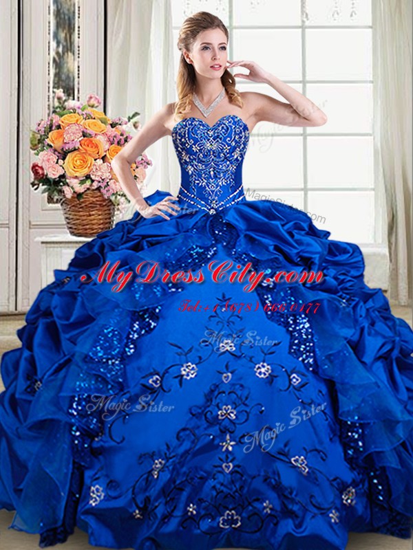 Custom Fit Sleeveless Floor Length Beading and Embroidery and Pick Ups Lace Up Sweet 16 Quinceanera Dress with Royal Blue