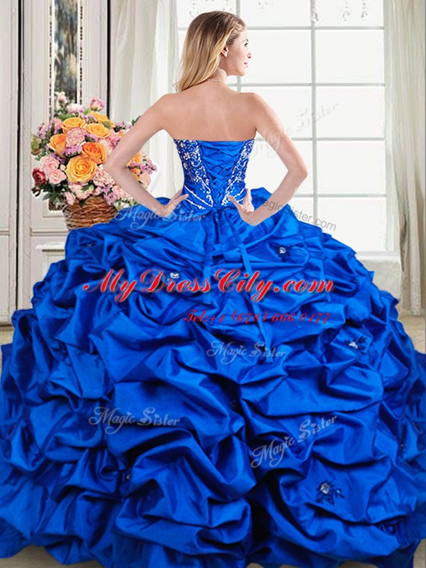 Custom Fit Sleeveless Floor Length Beading and Embroidery and Pick Ups Lace Up Sweet 16 Quinceanera Dress with Royal Blue