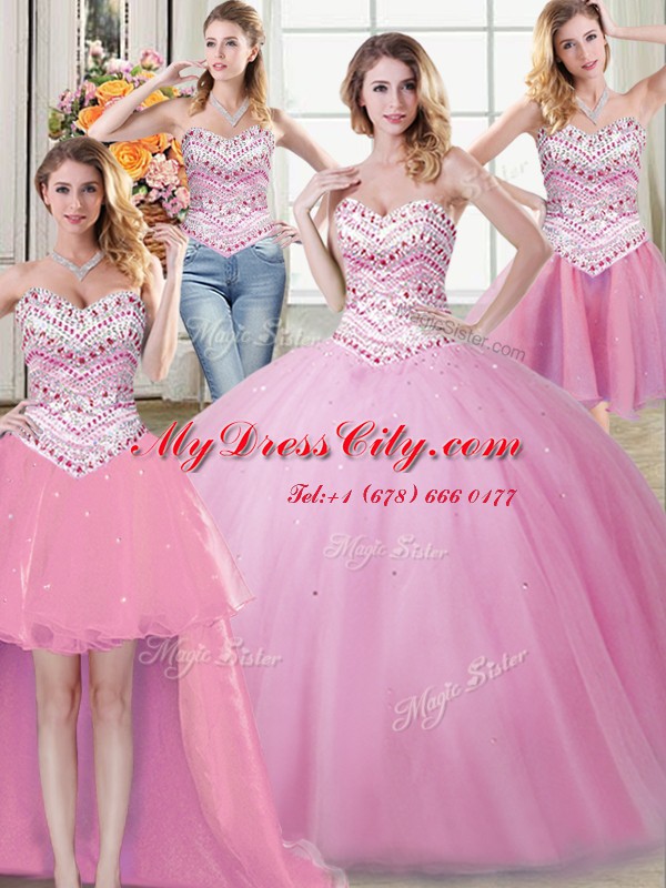 Four Piece Rose Pink Ball Gowns Tulle Sweetheart Sleeveless Beading Floor Length Lace Up Sweet 16 Quinceanera Dress