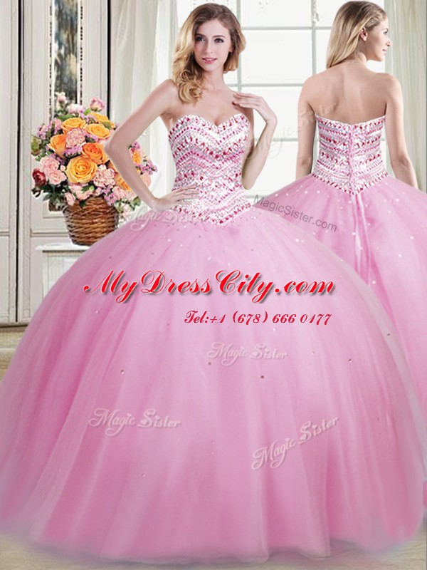 Four Piece Rose Pink Ball Gowns Tulle Sweetheart Sleeveless Beading Floor Length Lace Up Sweet 16 Quinceanera Dress