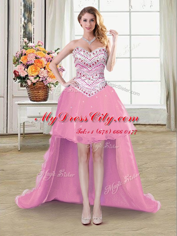 Four Piece Rose Pink Ball Gowns Tulle Sweetheart Sleeveless Beading Floor Length Lace Up Sweet 16 Quinceanera Dress