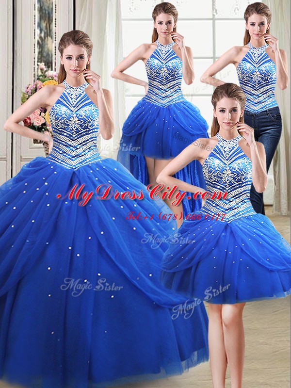 Four Piece Pick Ups Halter Top Sleeveless Lace Up Quinceanera Dress Royal Blue Tulle