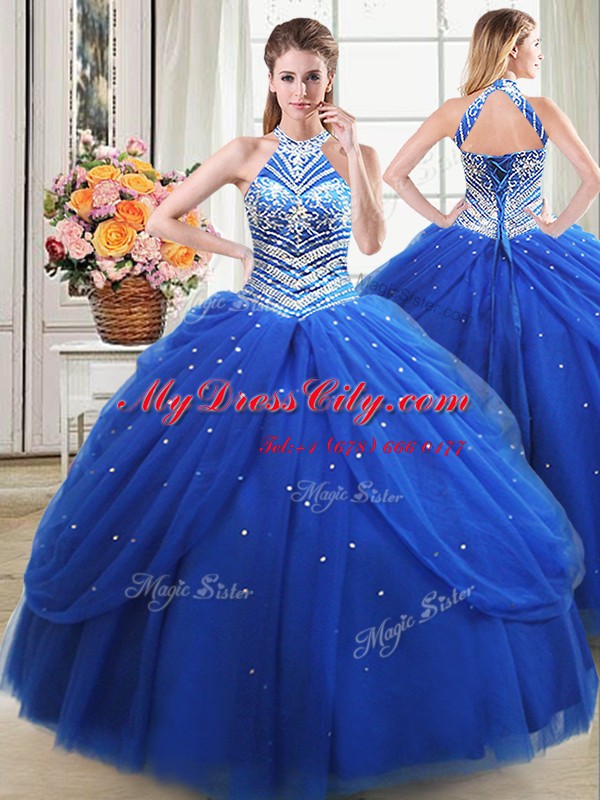 Four Piece Pick Ups Halter Top Sleeveless Lace Up Quinceanera Dress Royal Blue Tulle