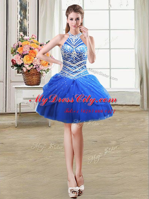 Four Piece Pick Ups Halter Top Sleeveless Lace Up Quinceanera Dress Royal Blue Tulle