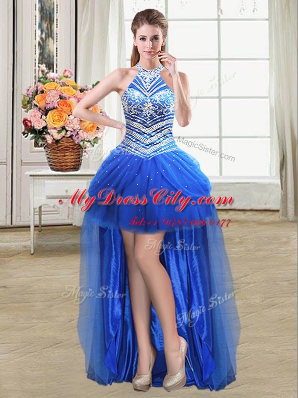 Four Piece Pick Ups Halter Top Sleeveless Lace Up Quinceanera Dress Royal Blue Tulle