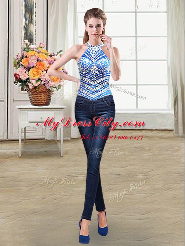 Four Piece Pick Ups Halter Top Sleeveless Lace Up Quinceanera Dress Royal Blue Tulle