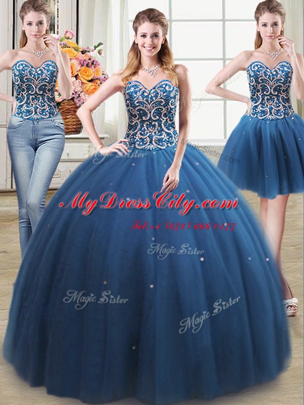 Fabulous Three Piece Teal Lace Up Quince Ball Gowns Beading Sleeveless Floor Length