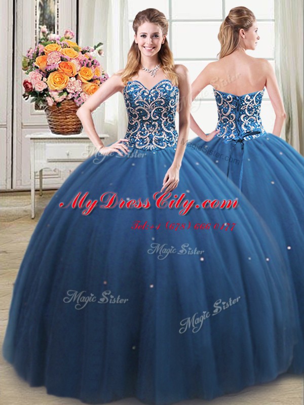 Fabulous Three Piece Teal Lace Up Quince Ball Gowns Beading Sleeveless Floor Length