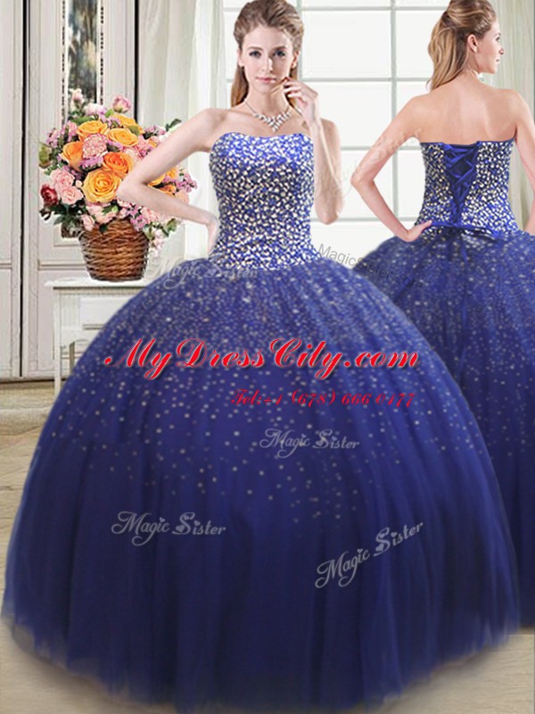 Royal Blue Tulle Lace Up Ball Gown Prom Dress Sleeveless Floor Length Beading